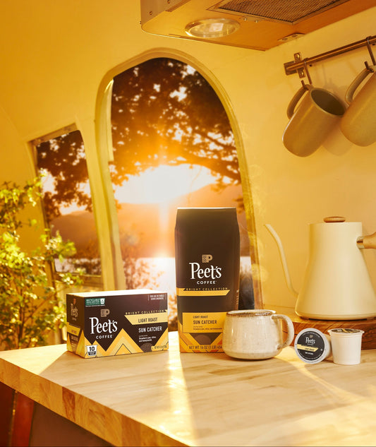Peet's Sun Catcher coffee products on a kitchen counter with a warm ambiance