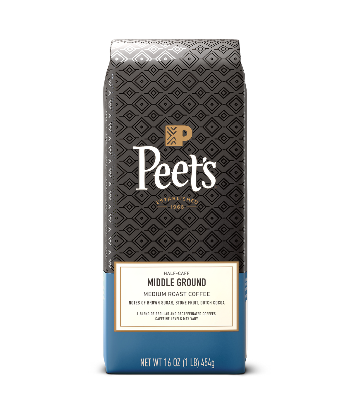Peet's Coffee Middle Ground medium roast half-caff coffee 16 oz coffee in a blue bag
