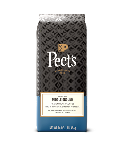 Peet's Coffee Middle Ground medium roast half-caff coffee 16 oz coffee in a blue bag