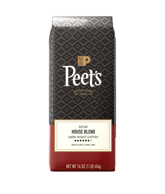 Peet's Coffee bag with black and red design on a white background