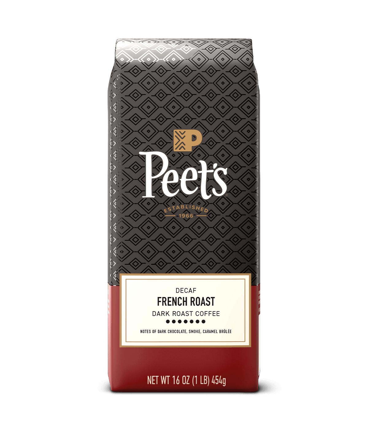 Peet's French Roast Coffee bag with a geometric pattern on a green background
