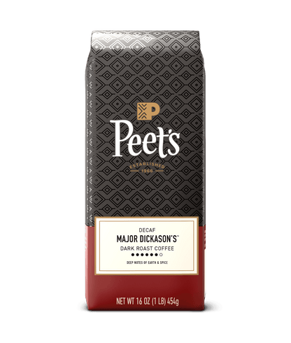 Peet's coffee Major Dickason's™ bag with a geometric pattern on a green background