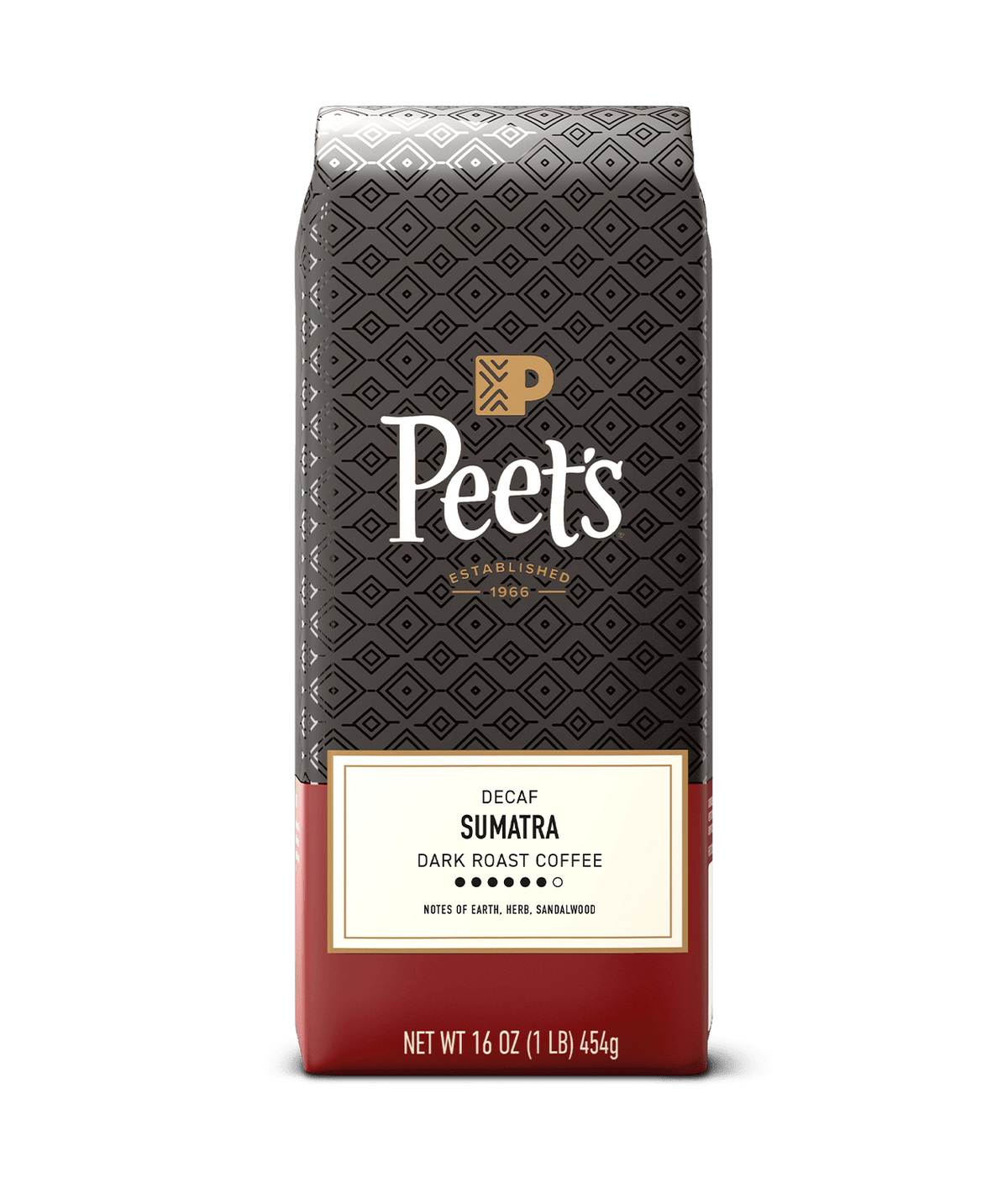 Peet's coffee bag with dark pattern and red bottom on a green background