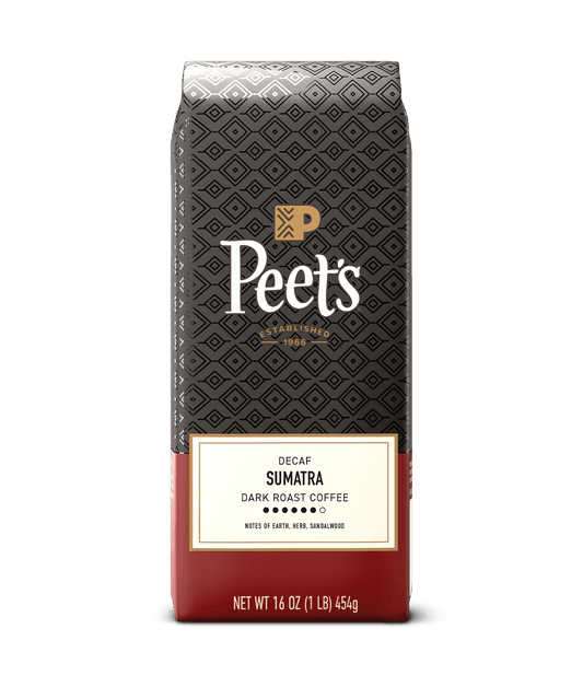 Peet's coffee bag with dark pattern and red bottom on a green background