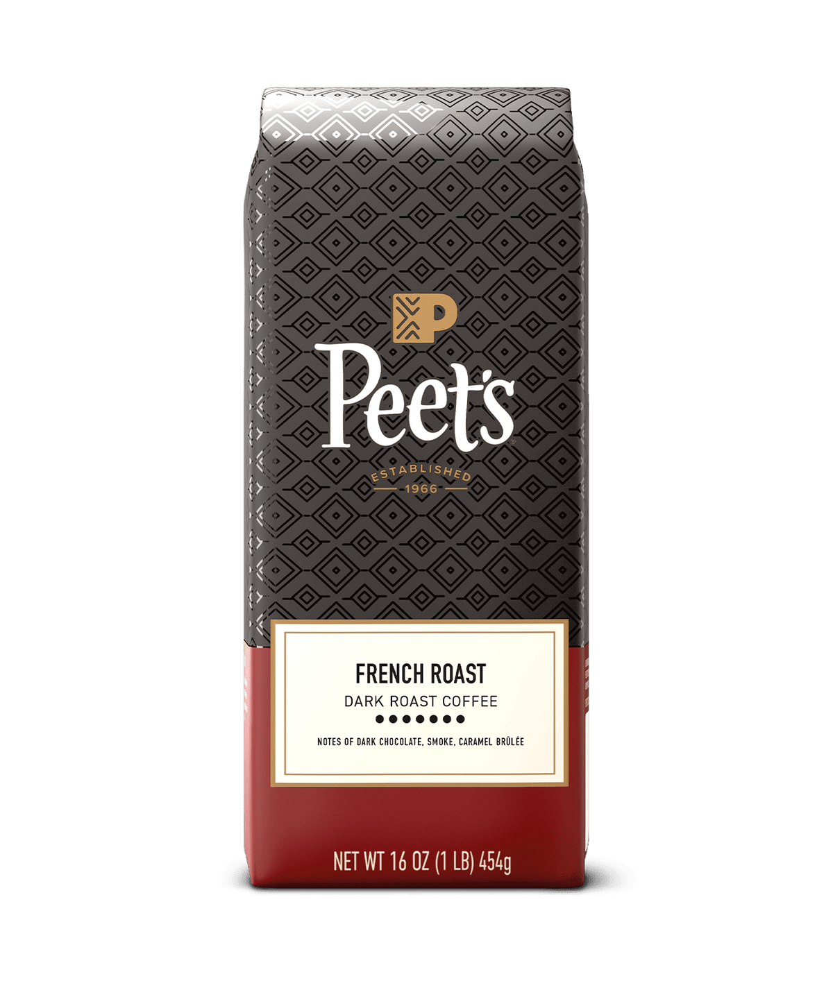Peet's Coffee French Roast dark roast coffee in a 16 oz red and black bag