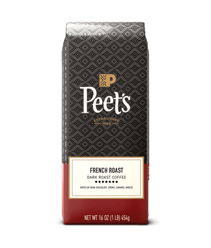 Peet's Coffee French Roast dark roast coffee in a 16 oz red and black bag