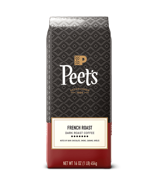 Peet's Coffee French Roast dark roast coffee in a 16 oz red and black bag