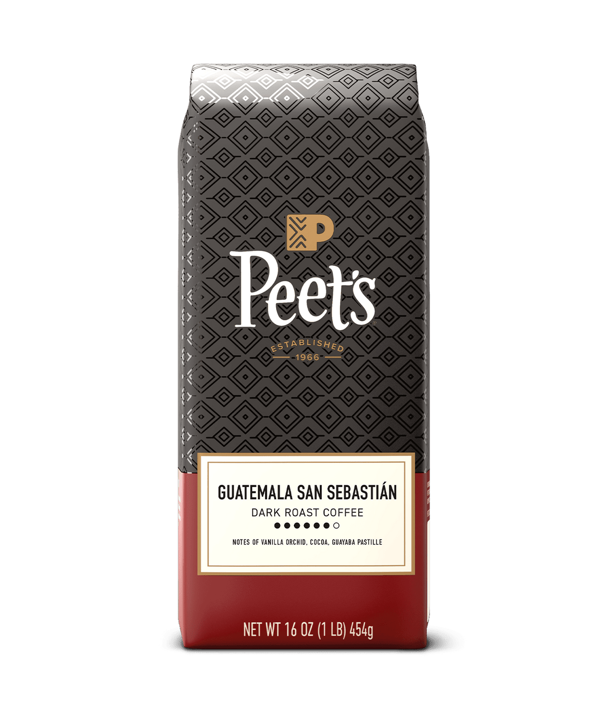 Peet's coffee bag with Guatemala San Sebastian flavor on a green background