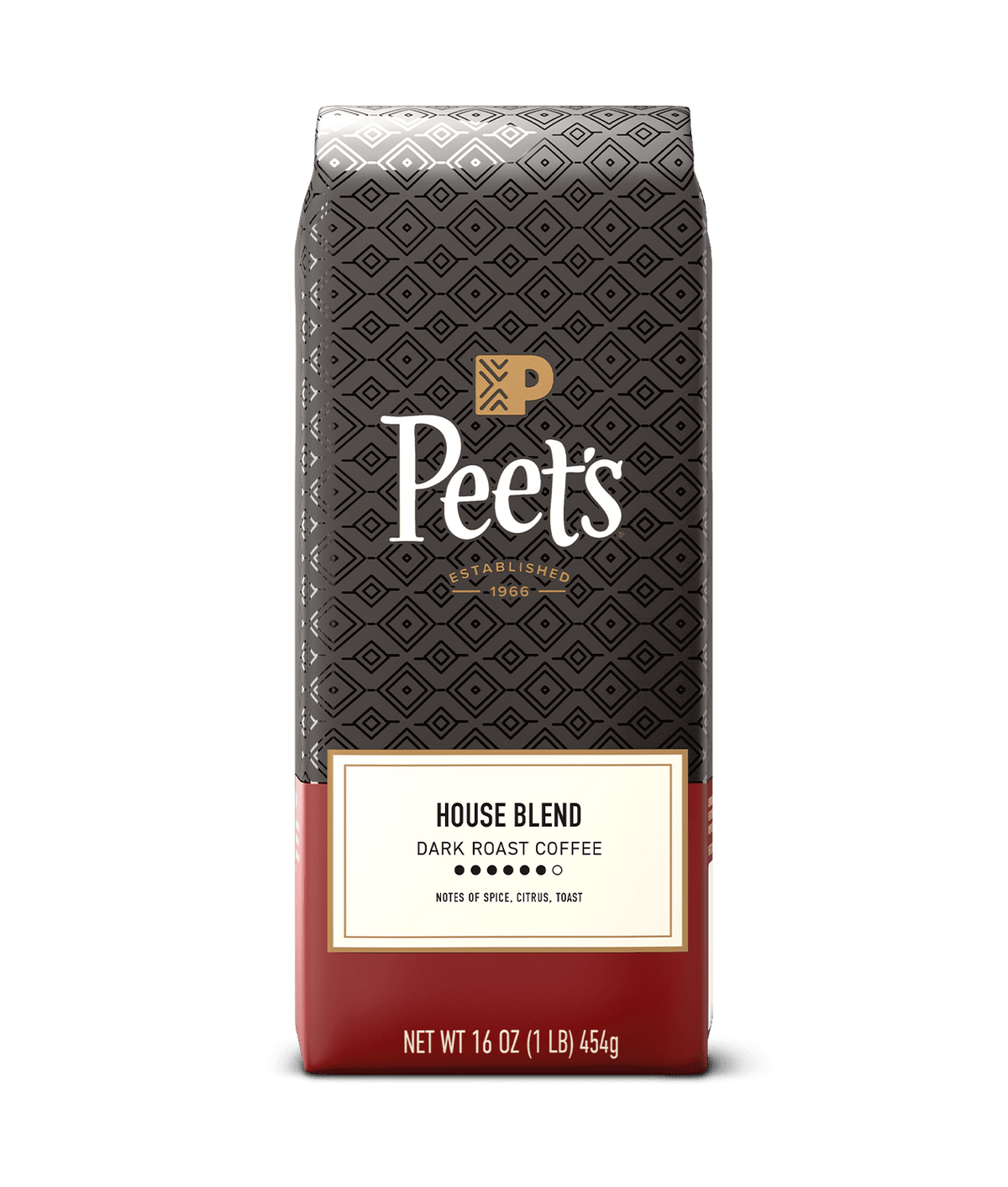 Peet's House Blend coffee bag with black and red design on a green background