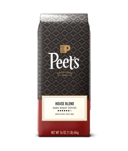 Peet's House Blend coffee bag with black and red design on a green background