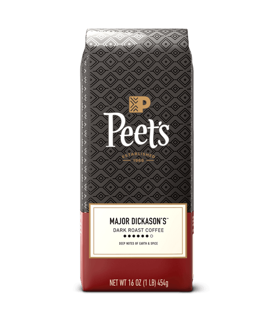 Peet's coffee Major Dickason's bag with a geometric pattern on a green background