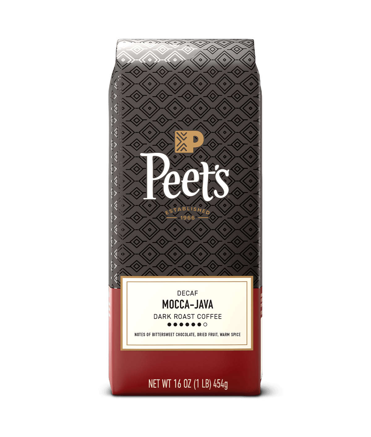 Peet's Decaf Mocca-Java coffee bag with a geometric pattern on a green background