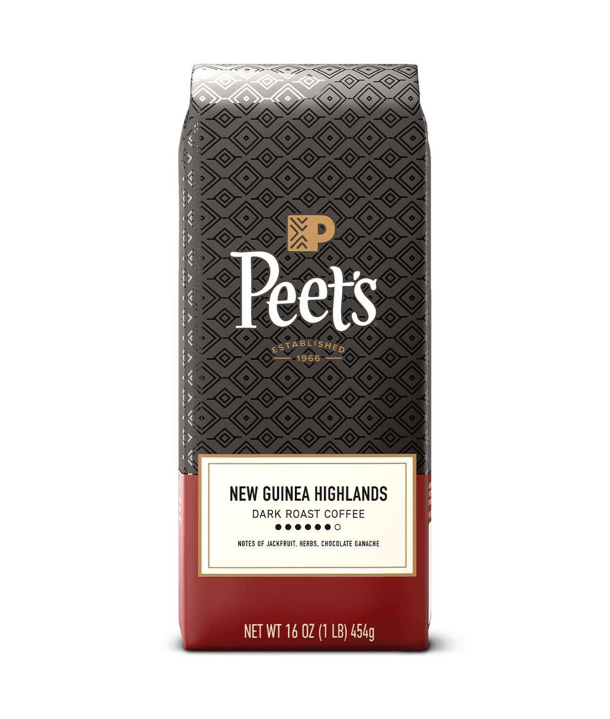 Peet's coffee New Guinea Highlands bag with a black and red design on a green background