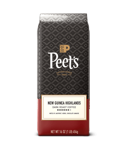 Peet's coffee New Guinea Highlands bag with a black and red design on a green background