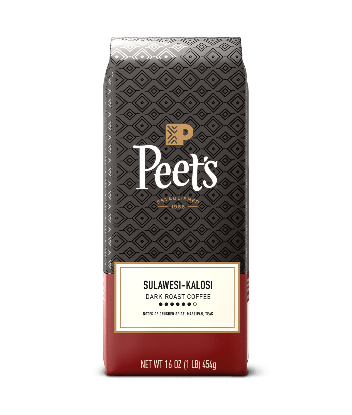 Peet's sulawesi-kalosi coffee bag with a black and red design on a green background