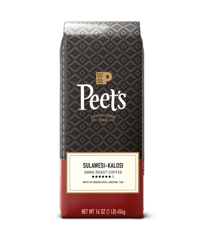Peet's sulawesi-kalosi coffee bag with a black and red design on a green background