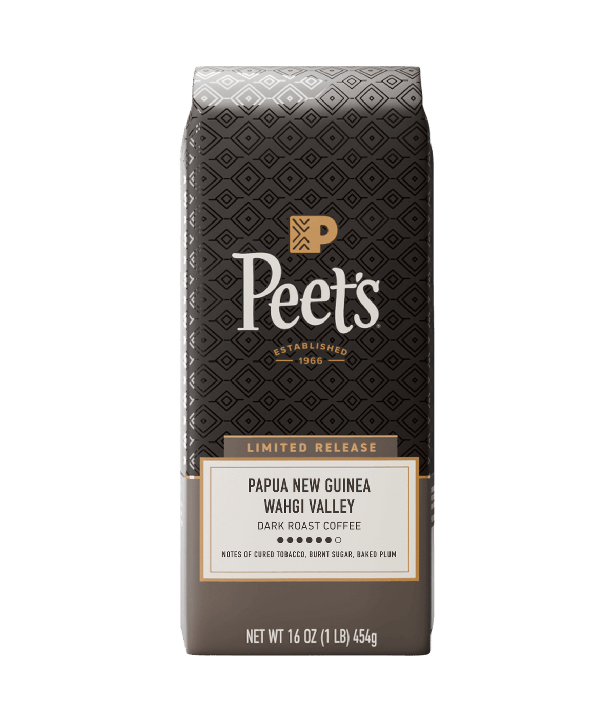 Peet's coffee bag with detailed branding and product information on a white background