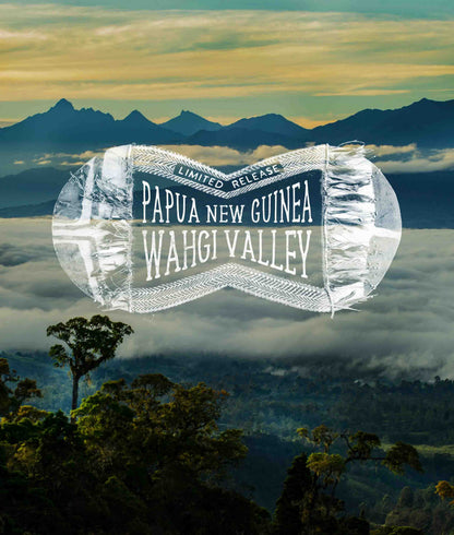 Scenic view of Papua New Guinea with a 'Papua New Guinea Wahgi Valley' label overlay.