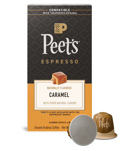 Peet's Espresso Caramel coffee capsule packaging with a single capsule on a white background