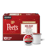 Box of Peet's Holiday Blend K-Cup pods with a single pod on a white background