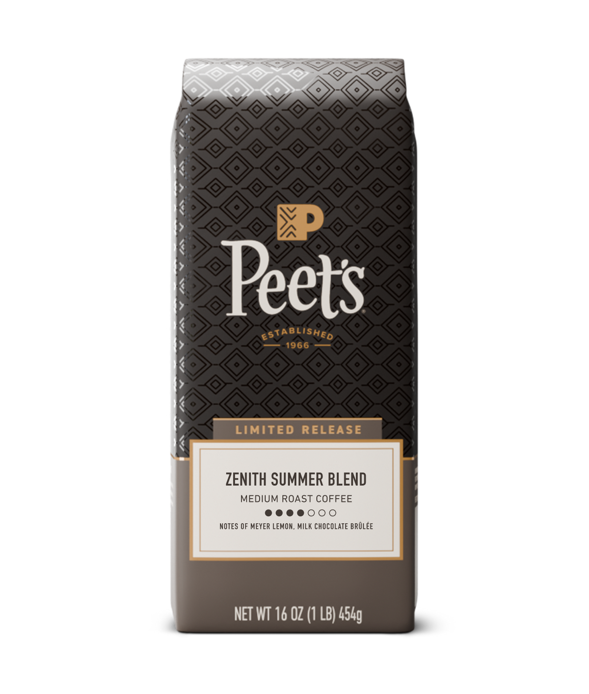 Peet's Coffee bag with 'Zenith Summer Blend' on a white background