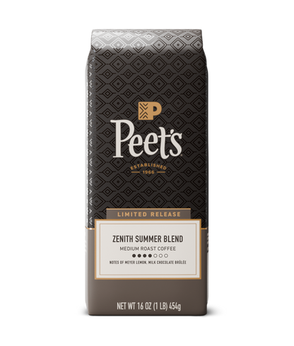 Peet's Coffee bag with 'Zenith Summer Blend' on a white background