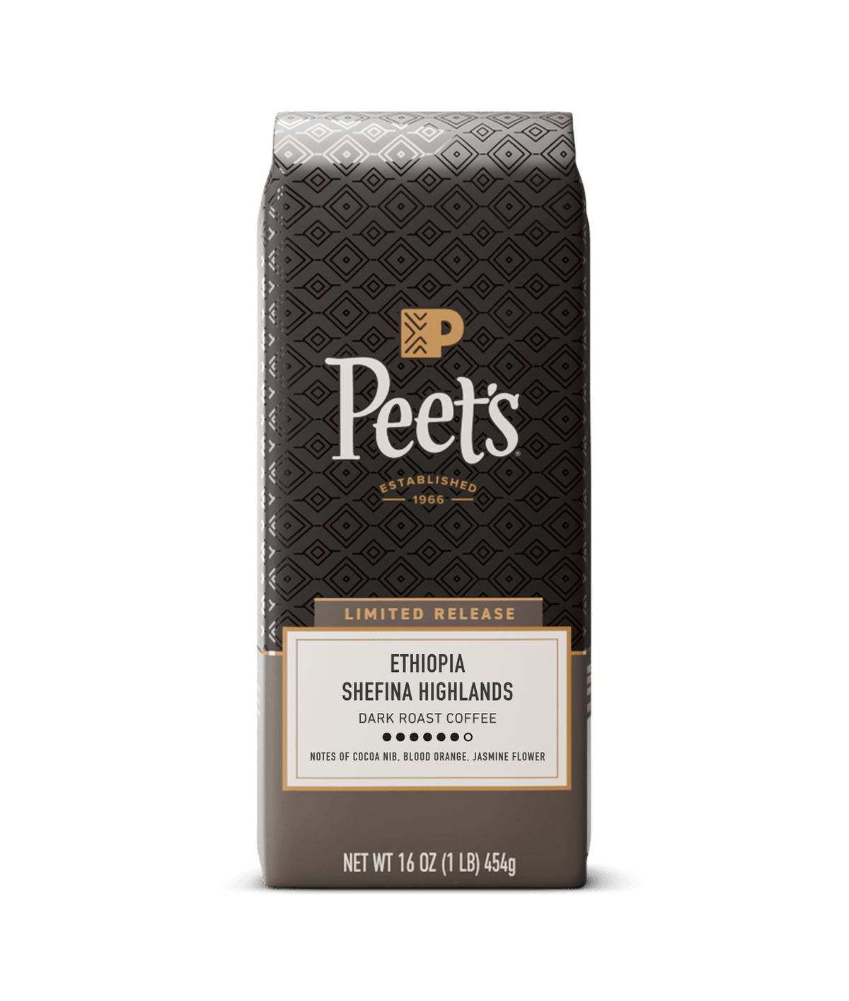 Peet's Ethiopia Shefina Highlands limited release dark roast coffee in a 16 oz bag, featuring a dark brown patterned design with gold and white text.