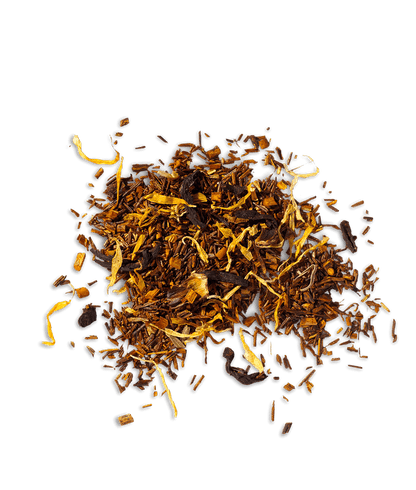 A pile of dry, caffeine-free organic rooibos tea leaves mixed with pieces of tropical fruit and blossoms.
