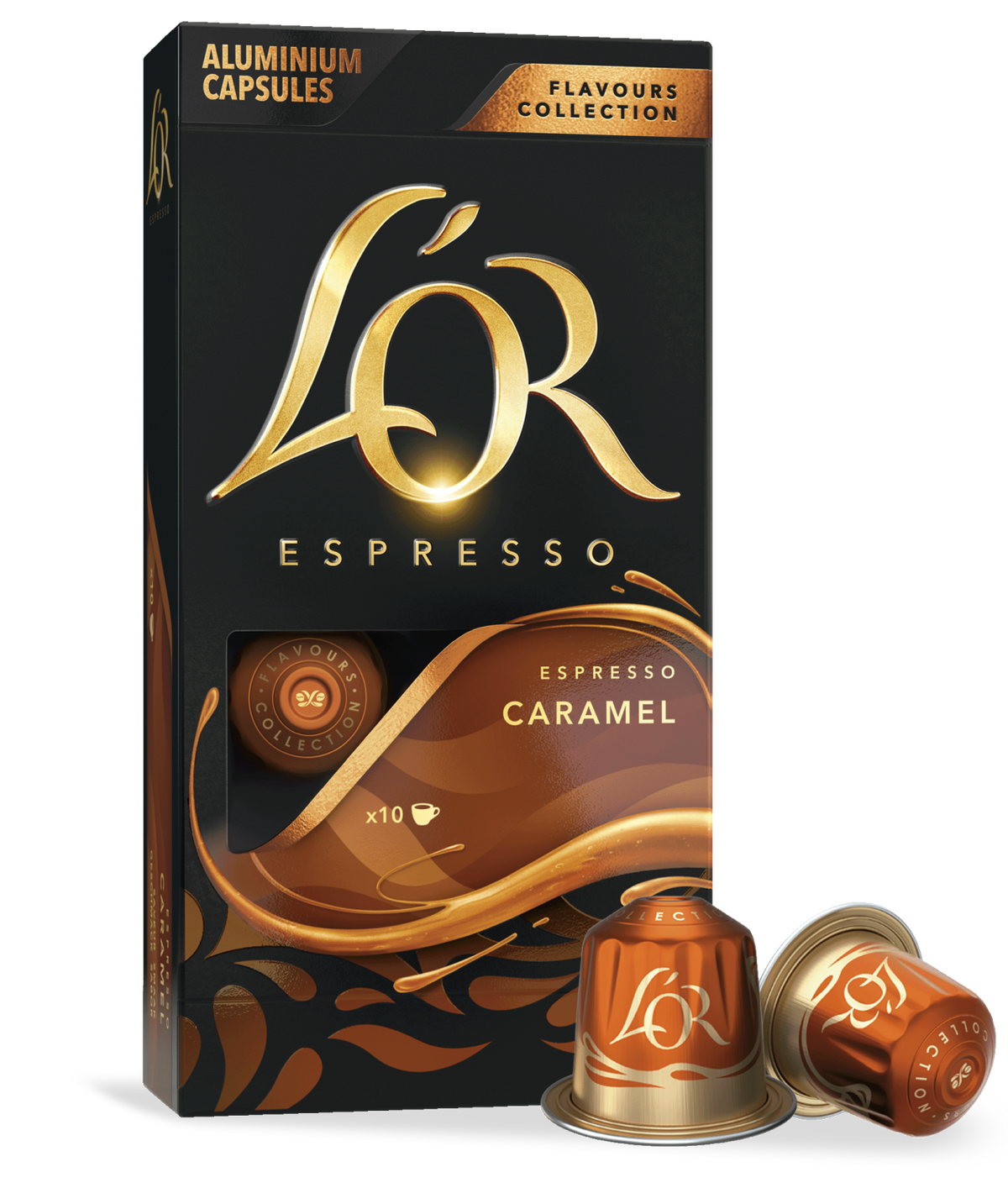 Lör Espresso Caramel capsules packaging with two capsules in front on a white background