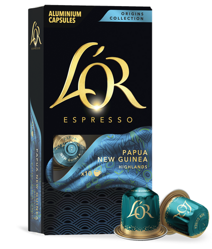 LoR Espresso Papua New Guinea Highlands coffee capsule packaging with two capsules on a white background.