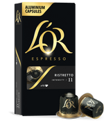 LöR Espresso aluminium capsules packaging with two capsules on a white background